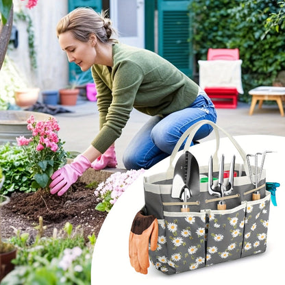 Garden Tool Bag Heavy Duty Multi-Pocket Organizer – Large Capacity Tool Storage Carrier Tote for Gardening, Lawn Care, Camping & Outdoor Work, Portable Daisy Pattern, Black & Gray (No Tools Included)