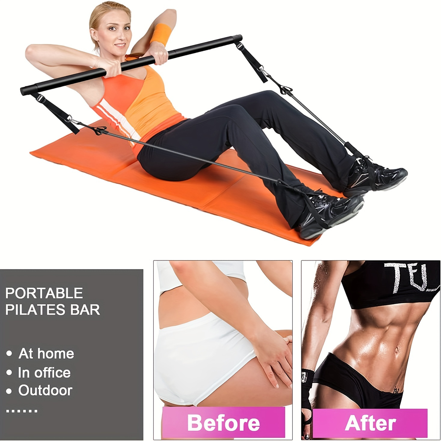 3-Section Pilates Bar Kit – 4 TPE Resistance Bands (40-50 lbs), 2 Ankle Straps & Storage Bag for Legs, Hips, Waist & Arm Yoga Stretching Fitness