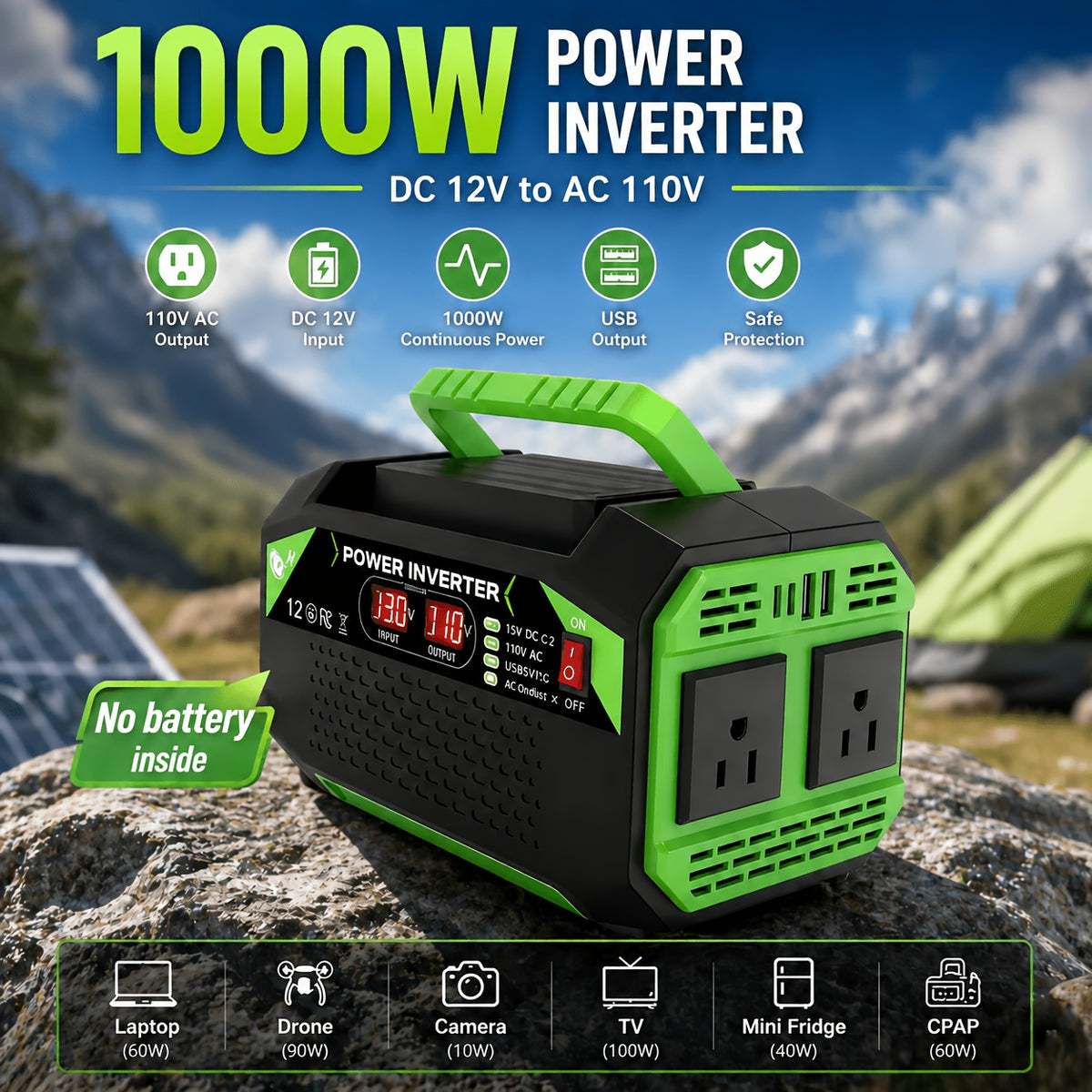 1000/500W Portable Power Inverter 12V DC to 110V AC Converter Featuring Stable Output And A Rugged, Durable Design Comes Without A Battery And Is Equipped with An LCD Display 2 Universal Outlets 2 USB Ports 2 Type-C Ports Home Outdoor RV Camping Use