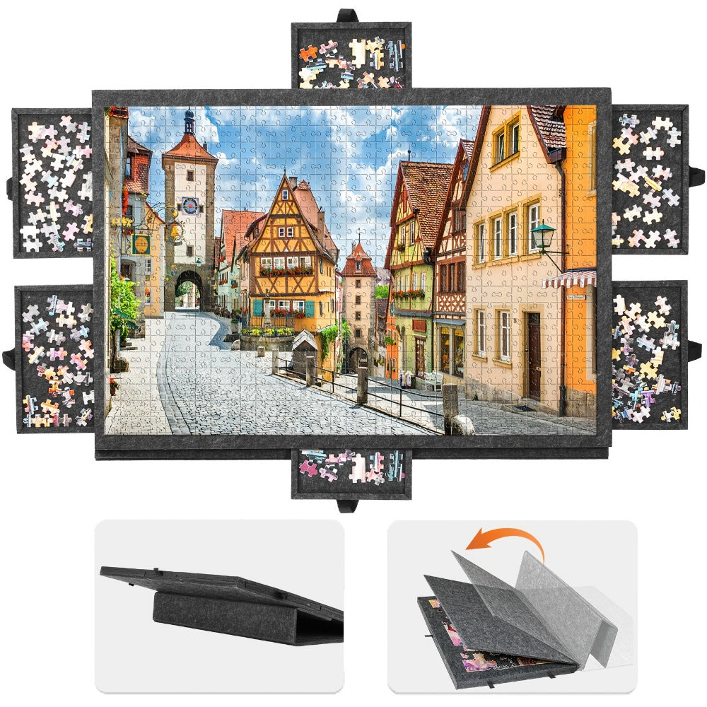 Jigsaw Puzzle Board with Felt Mat & 6 Sorting Drawers - Foldable Roll-Up Puzzle Saver Fits Up to 1000 Pieces | Portable Puzzle Storage Organizer for Adults Kids Family Game Night