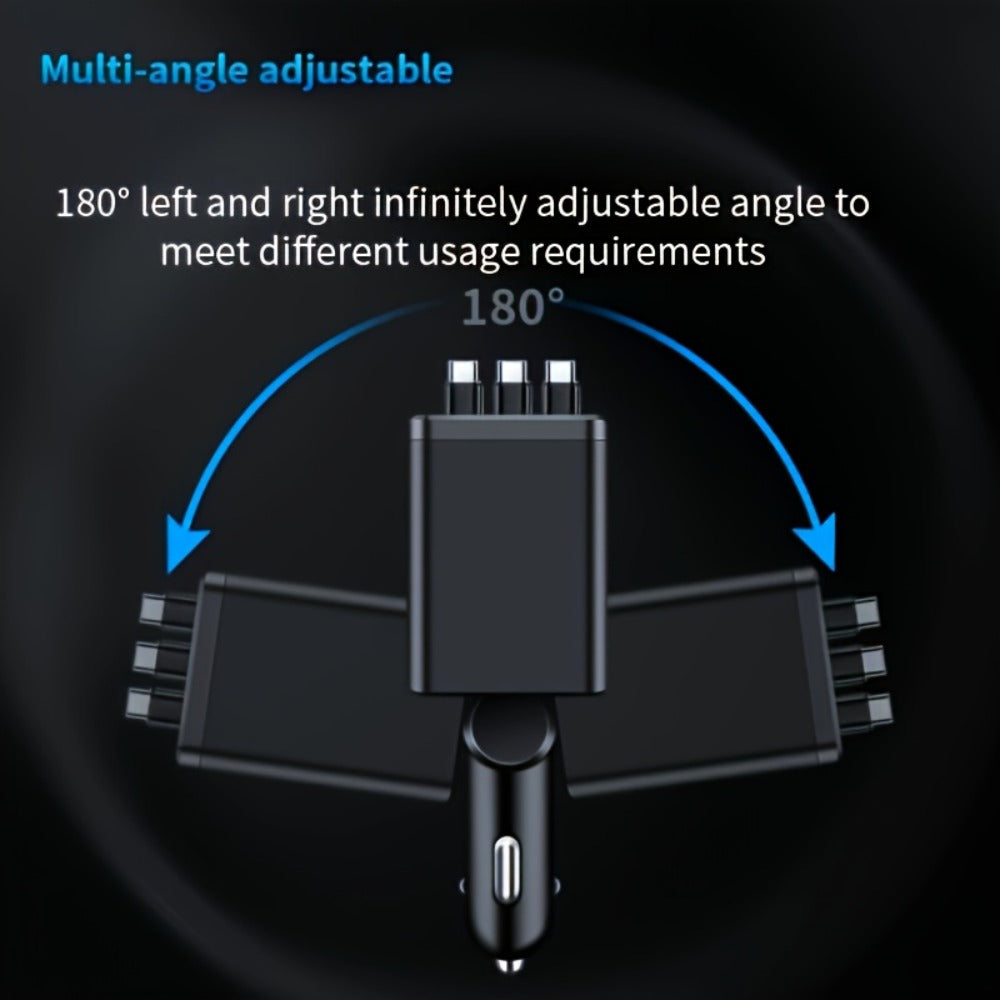 Car Charger 7-in-1 Fast Charging Hub – 3 Retractable Cables, 180° Adjustable, LED Display, USB Multi-Port for iPhone Android