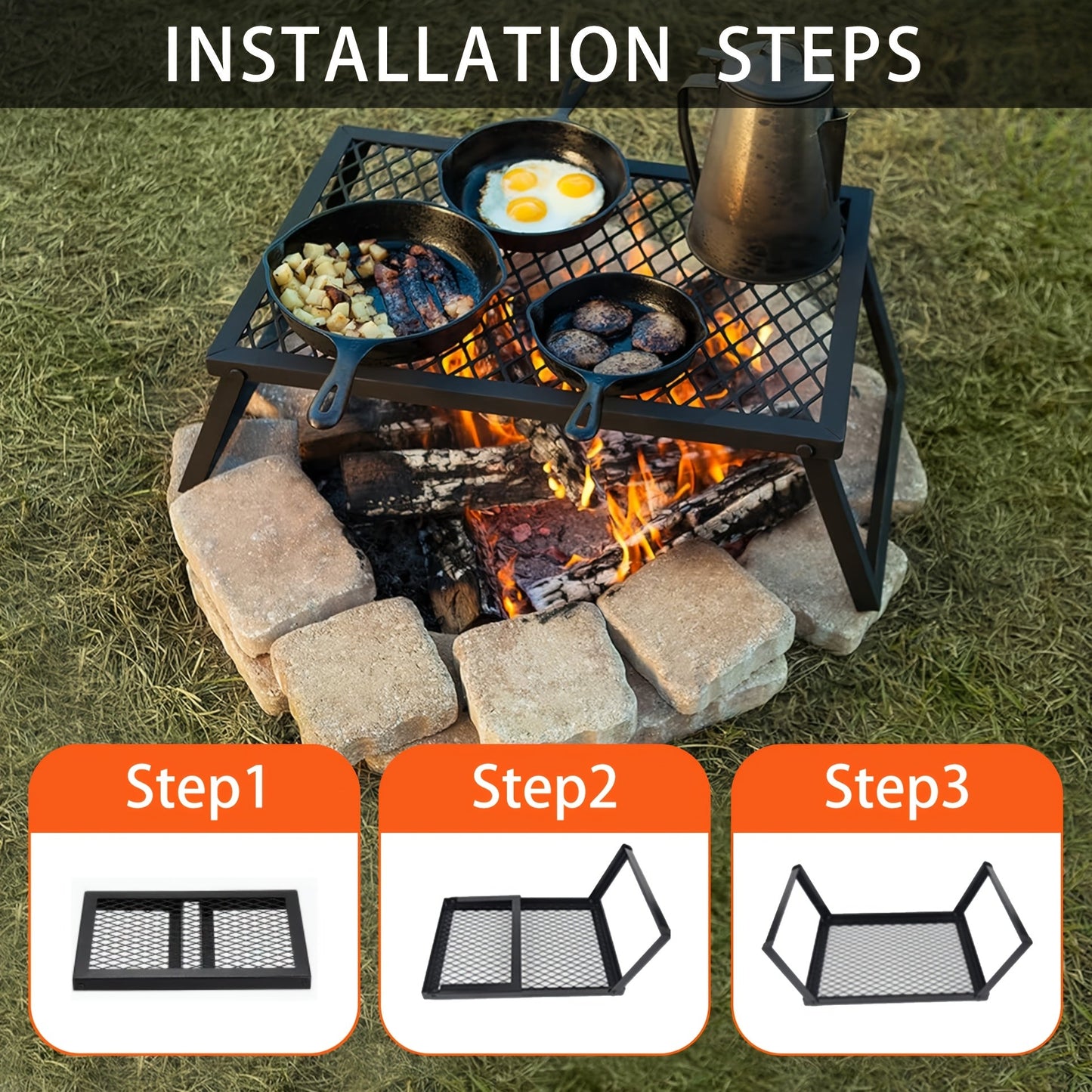 Portable Camping Bonfire Grill with Storage Bag – Heavy Duty Iron Barbecue Rack for Outdoor Picnic, RV Party & Firewood Heating, Includes Food Clips and Cleaning Cloths, Great Men's Gift