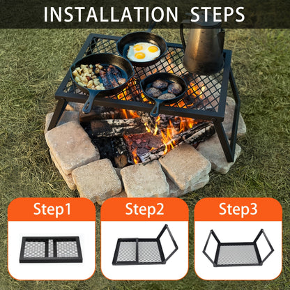 Portable Camping Bonfire Grill with Storage Bag – Heavy Duty Iron Barbecue Rack for Outdoor Picnic, RV Party & Firewood Heating, Includes Food Clips and Cleaning Cloths, Great Men's Gift