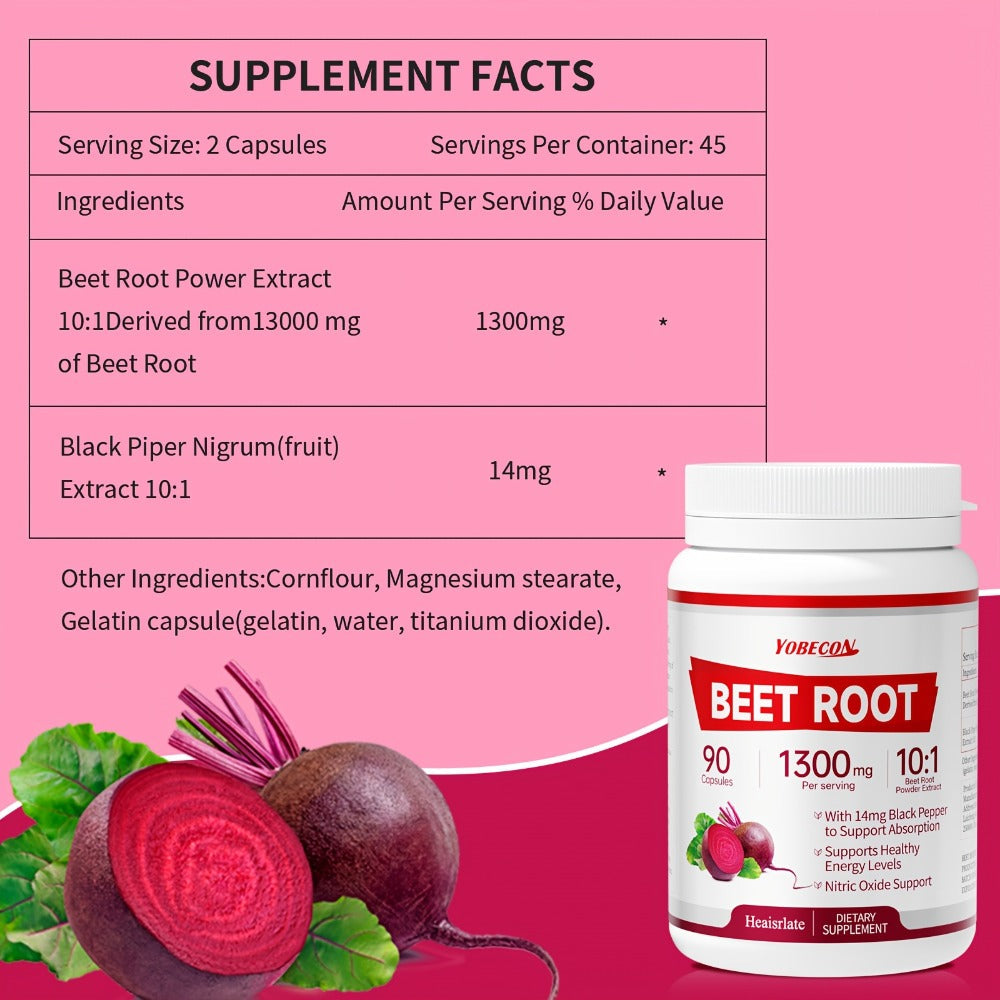 Beet Root Capsules 1300mg High Strength Vegetarian - Natural Nitric Oxide, Blood Flow, Circulation & Energy Support - Plant-Based Antioxidant Supplement for Men & Women - 90 Capsules 3-Month Supply