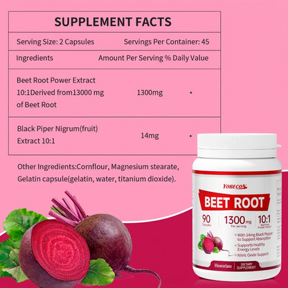 Beet Root Capsules 1300mg High Strength Vegetarian - Natural Nitric Oxide, Blood Flow, Circulation & Energy Support - Plant-Based Antioxidant Supplement for Men & Women - 90 Capsules 3-Month Supply