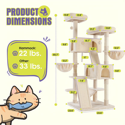 Cat Tree Tower Multi-Level for Indoor Cats - Cat Furniture with Sisal Scratching Posts, Plush Perches, Hammock, Basket & Corner Condo Cave, Hanging Toys & Climbing Ramp, Multiple Sizes & Colors