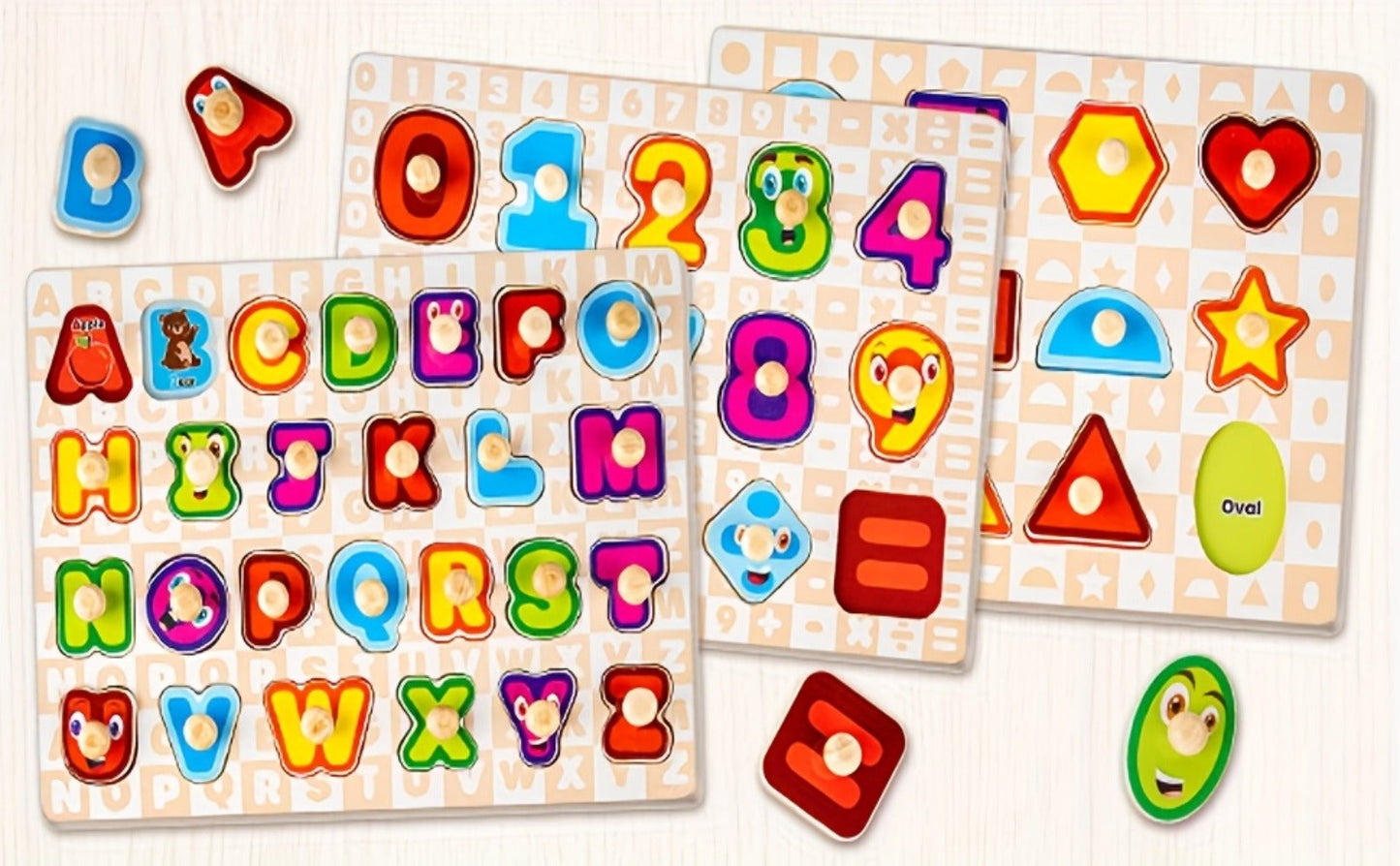 6-in-1 Wooden Toddler Puzzle Set with Storage Rack – Alphabet Number Shape Animal Dinosaur Vehicle Puzzles, STEM Montessori Educational Learning Toy, Gift for Baby Boys Girls Ages 1 2 3