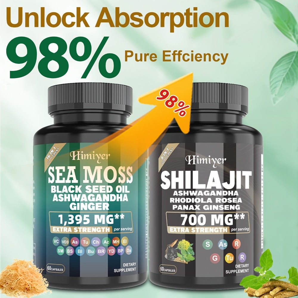 Sea Moss & Shilajit Capsules Bundle Set – Sports Nutrition Dual Formula for Energy, Bone Support, Relaxation & Focus – Super Golden Combination Daily Wellness Supplement for Men & Women