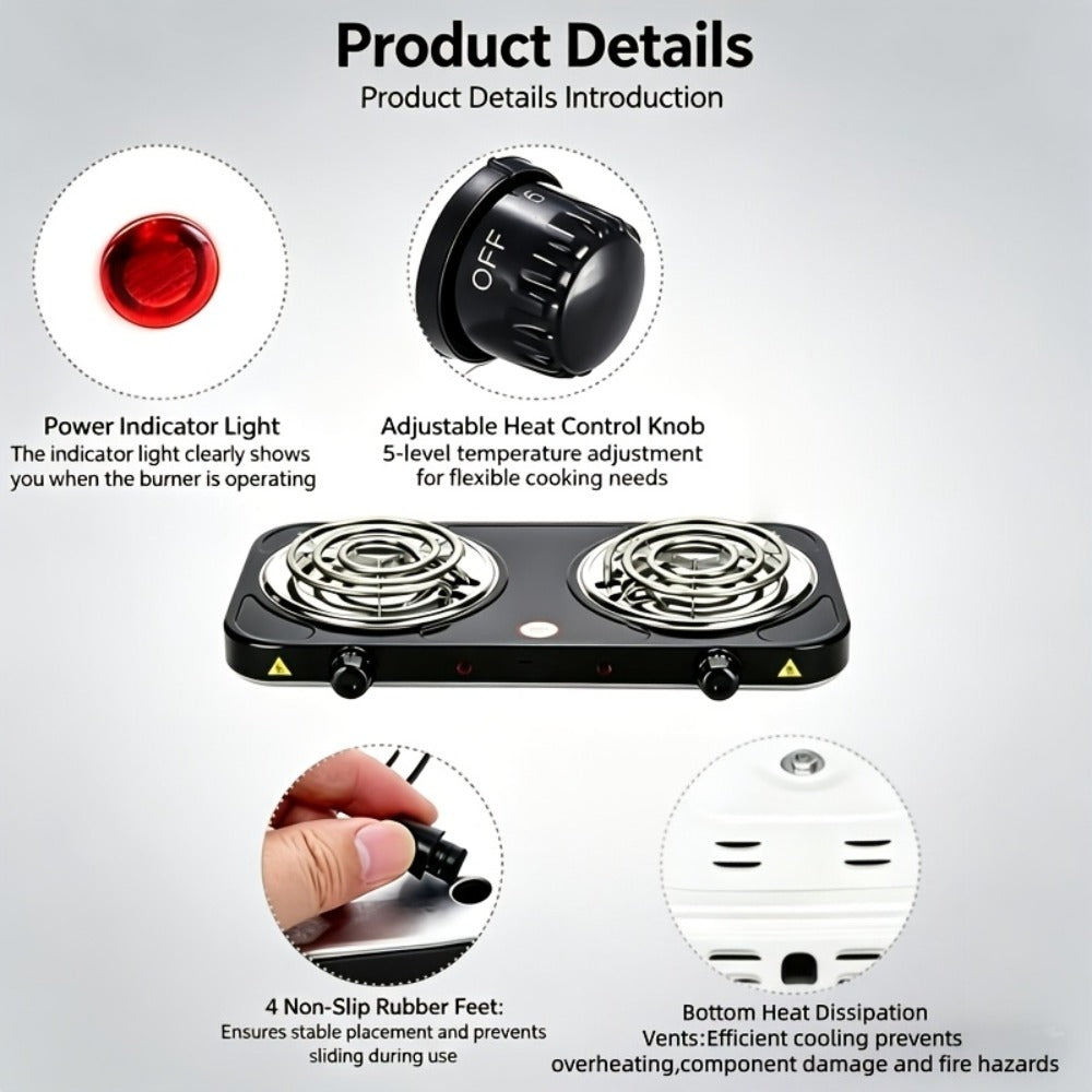 Portable Electric Stove Tabletop Double Burner – Adjustable Rotary Temperature Control, Compact Electric Charcoal Heater for Home, Office, Dorm, Camping, Milk & Coffee Heating, Black