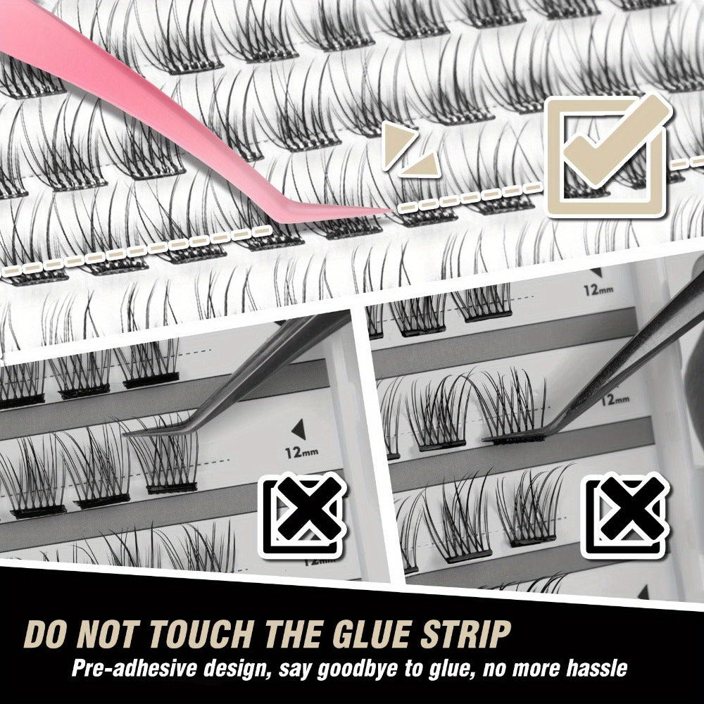 156Pcs No-Glue Lash Clusters Kit — Self-Adhesive Pre-Glued DIY Eyelashes with 2 Tweezers, Reusable Natural Look Cluster Lashes, No Remover No Residue False Eyelash Extension Kit for Women Beginners
