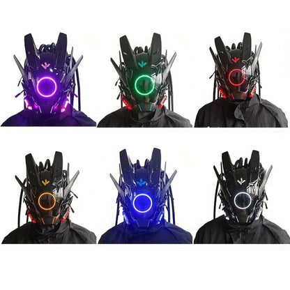 LED Cyberpunk Samurai Mask with Braids – Futuristic Sci-Fi Mechanical Face Mask for Halloween, Cosplay, Music Festival & Rave Party, Blue Green Pink, Free Helmet Included, Adult Gift