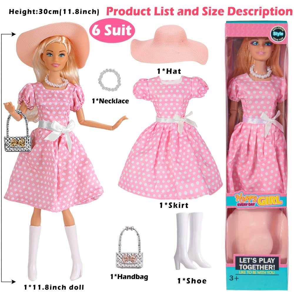 Fashion Doll Set 6 Pack 11.5 Inch Poseable Princess Dolls with Stylish Outfits Handbag Hat Crown Necklace Suitcase Individual Gift Box for Girls Kids Birthday Christmas