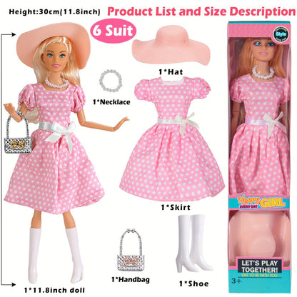 Fashion Doll Set 6 Pack 11.5 Inch Poseable Princess Dolls with Stylish Outfits Handbag Hat Crown Necklace Suitcase Individual Gift Box for Girls Kids Birthday Christmas