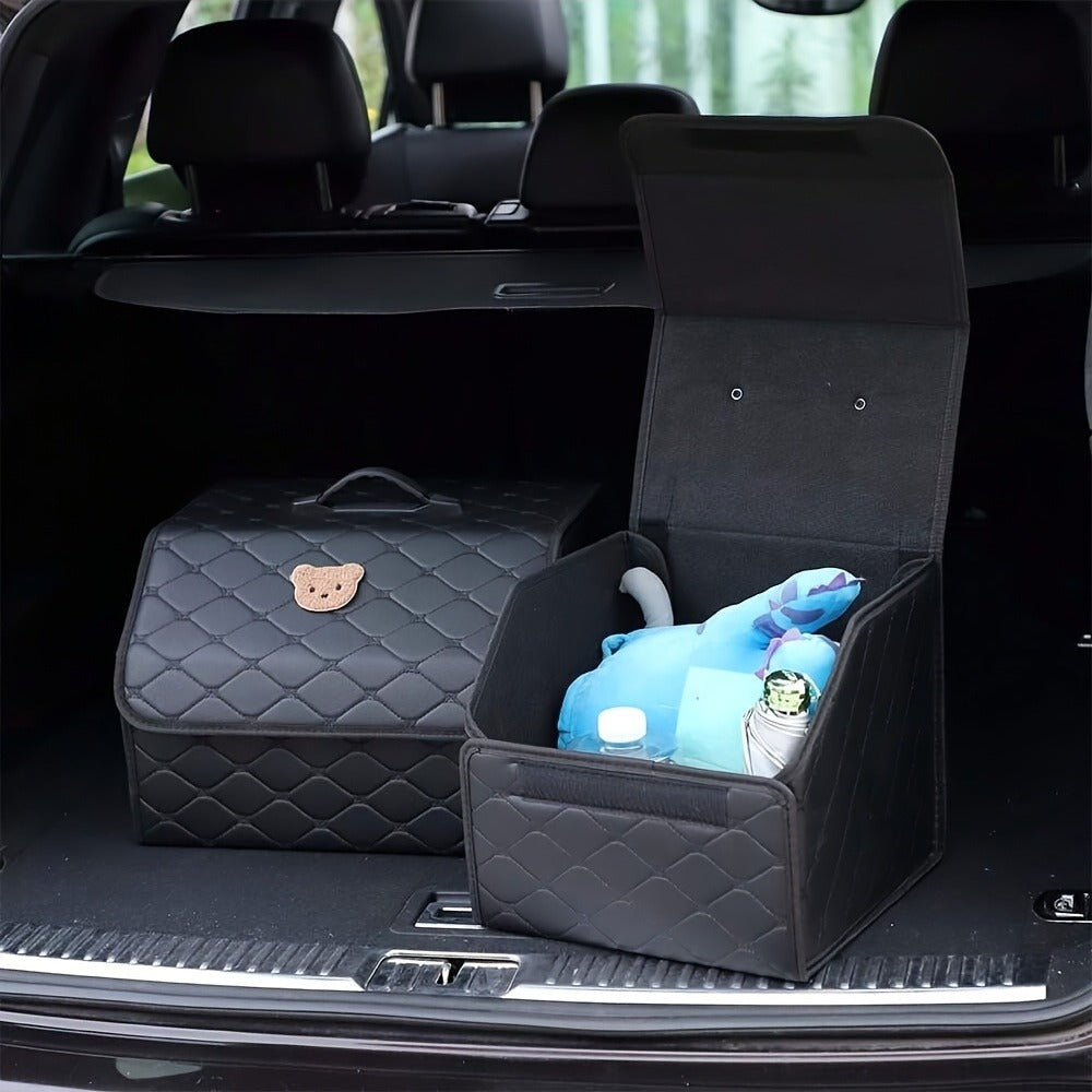 Car Trunk Storage Box Foldable Faux Leather Organizer – High-Capacity 30L/35L Vehicle Cargo Box, Multi-Pocket Space-Saving Trunk Organizer for Women, Daily Use & Road Trips