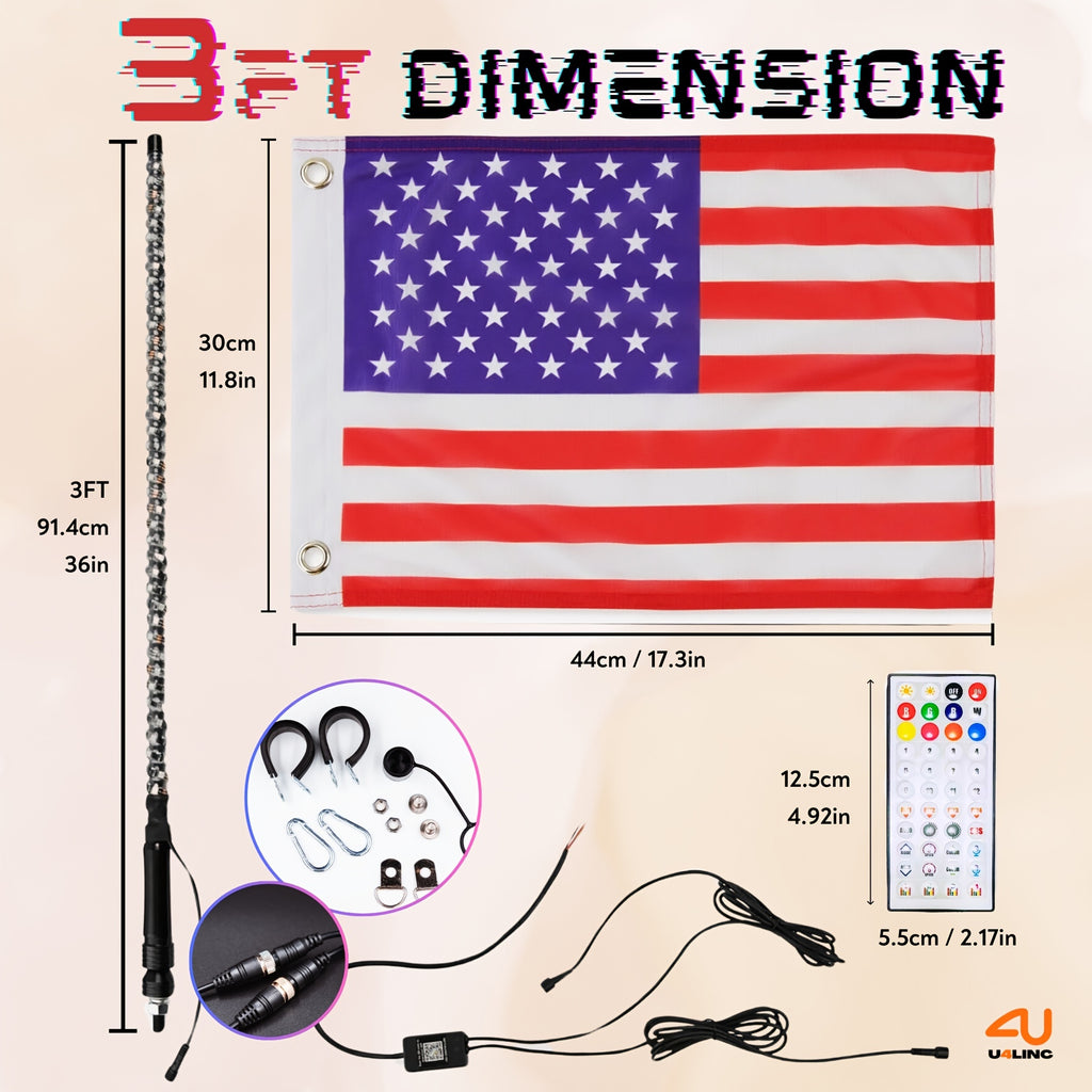 1 Pair (2pcs) 1ft/2ft/3ft/4ft Brighter RGB LED Whip Lights Flag Pole Remote And APP Control Color Changing Lamp Spiral RGB Music Chasing/Dancing Neon Light Whips for UTV ATV RZR SXS Side By Side Dune Buggy Offroad Truck (w/o Spring Base)