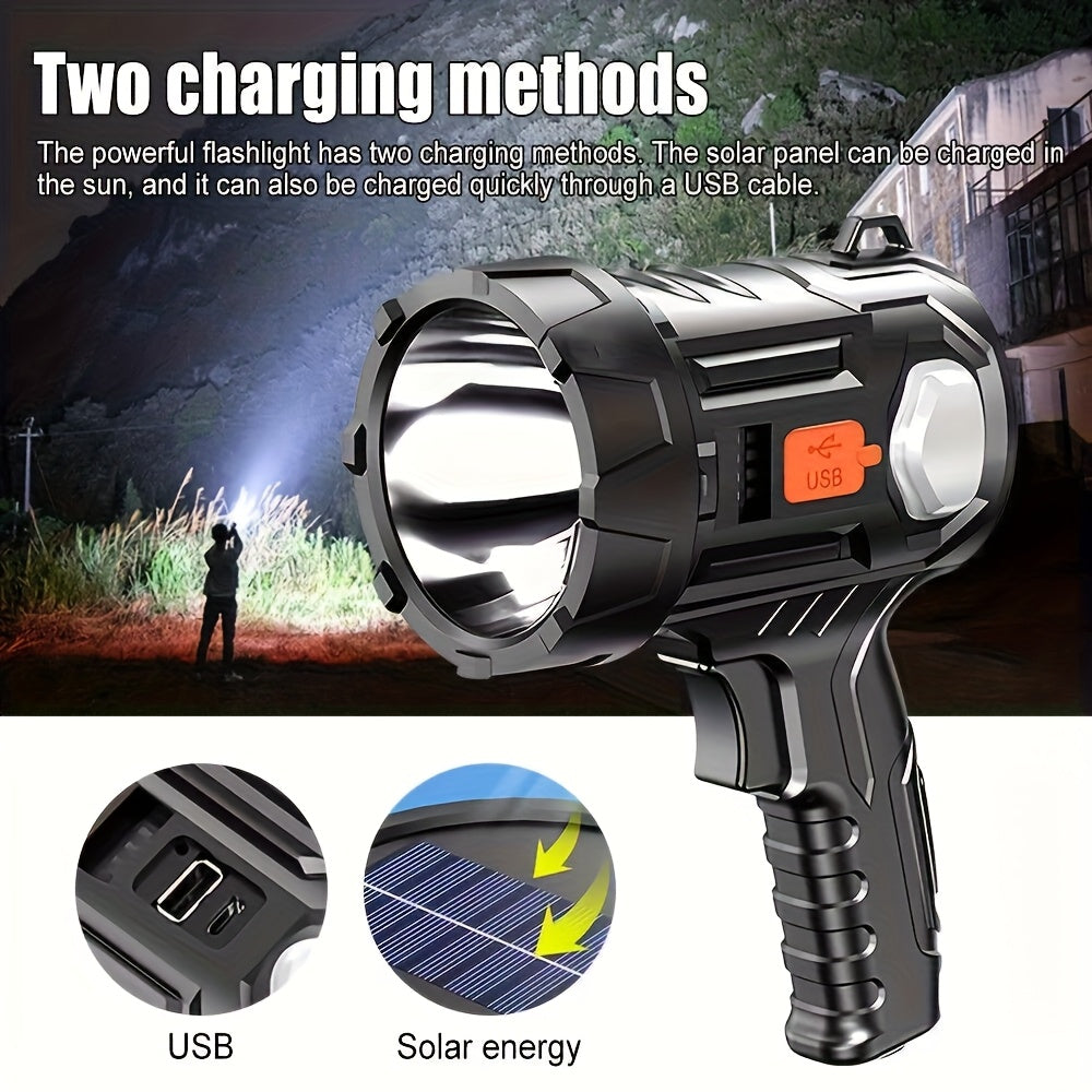 Solar Rechargeable Flashlight Super Bright LED Searchlight USB Charging ABS Spotlight for Camping Hiking Search Emergency Outdoor