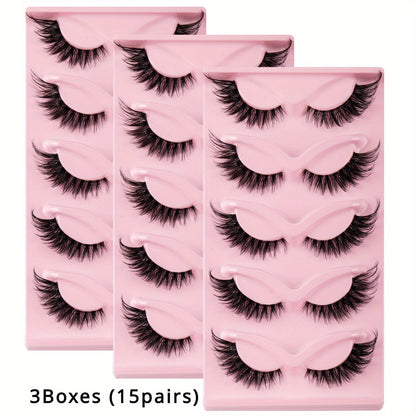3D Cat Eye False Eyelashes 15 Pairs Fluffy Soft Wispy Cross Clear Band D Curl 10-12mm – Natural Manga Style Reusable Lash Multipack for Daily Wear, Date Night & Special Occasions