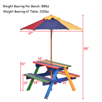 Kids Picnic Table Set with Umbrella Wood Table Bench Set for Toddlers Seats 4 Children Indoor Outdoor Backyard Rainbow Design Birthday Christmas Gift Boys Girls
