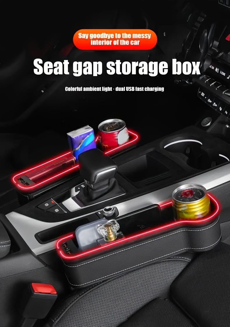 Car Seat Gap Storage Box, Phone Holder Charger, Clutter Organizer, Car Seat Gap Organizer with LED Ambient Lighting, Faux Leather Multi-Function Console Side Bag with Dual USB Charging Ports, for Vehicle Interior Additions