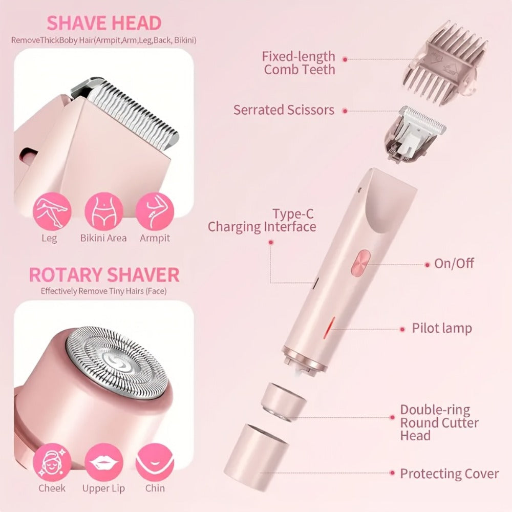 Bikini Trimmer Electric 2-in-1 Rechargeable Dual-Head Face Shaver for Women - Stainless Steel Blade USB Cordless Hair Remover for Bikini Line Face Arms Thighs Body Portable Gift
