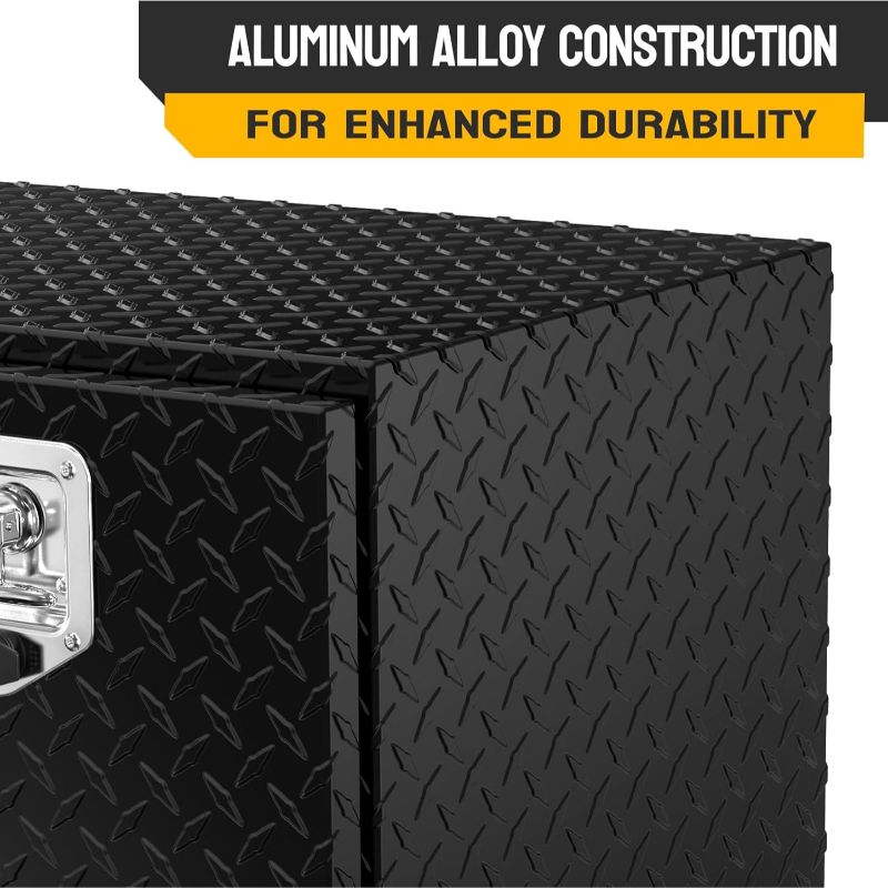 Aluminum truck toolbox with T-shaped handle lock and key, made of aluminum alloy, suitable for storage and organization of trailers, pickups, truck beds, four-wheel drive vehicles, all-terrain vehicles and campers. Black version.