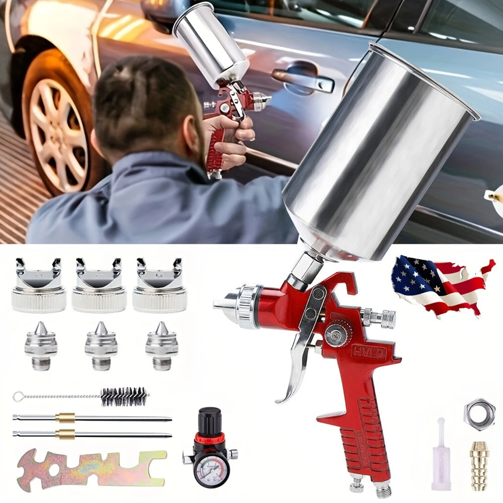 HVLP Gravity Feed Spray Gun Set – 3 Nozzles (1.4 / 1.7 / 2.0mm) with 1000cc Aluminum Cup for Automotive Painting, Base Coat, Clear Coat & Touch-Up, Stainless Steel Needle, Red