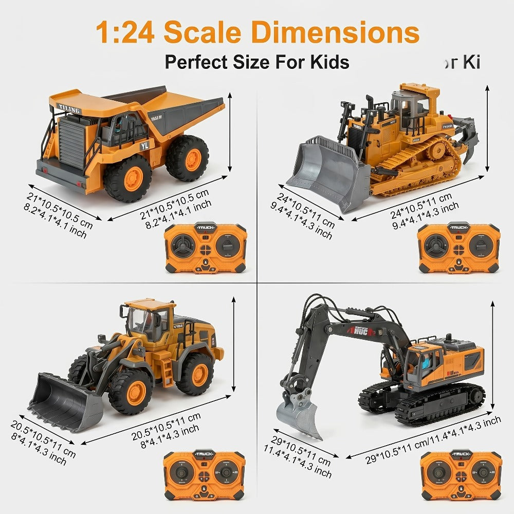 RC Engineering Vehicle Set 11-Channel 2.4GHz – 2-in-1 & 4-in-1 Remote Control Excavator Dump Truck Bulldozer, Alloy Construction Toy Fleet for Kids Boys, Best Birthday Christmas Gift Ages 6+