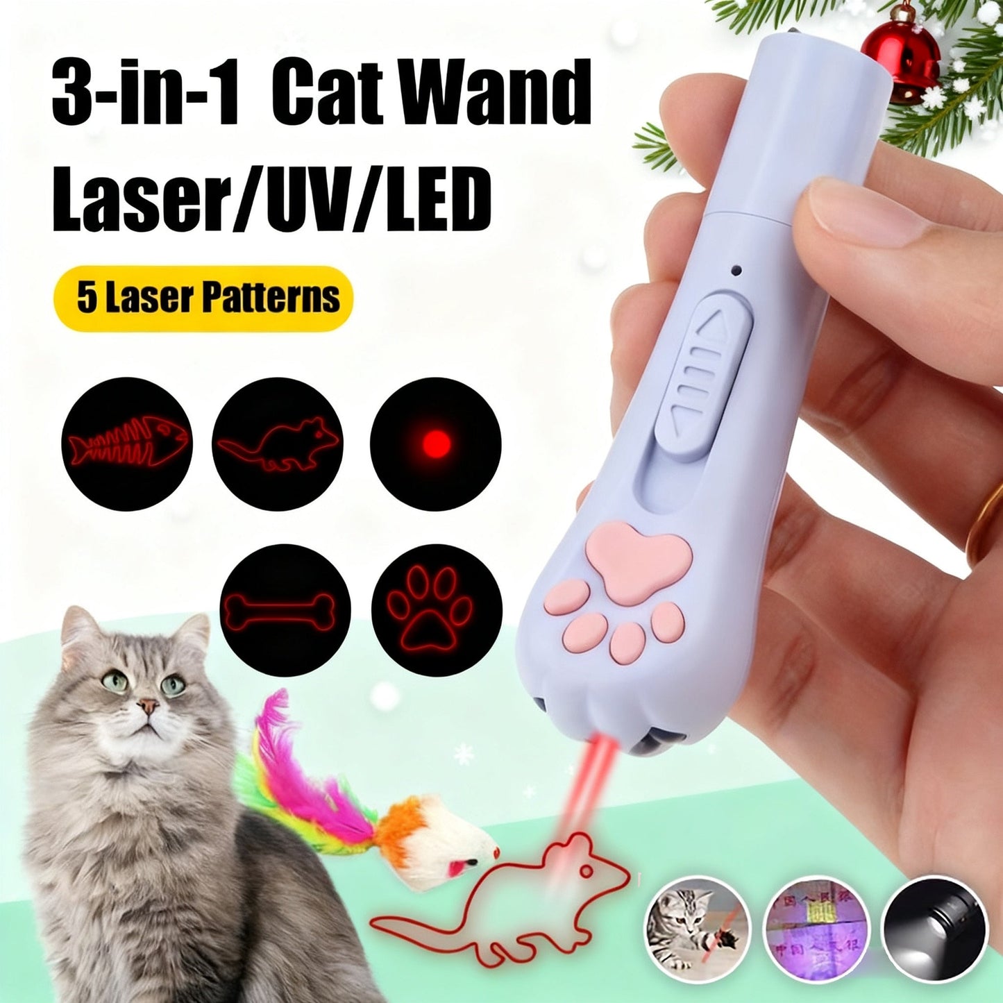 Cat Teaser Toy 7-in-1 USB Rechargeable - Interactive Wand Toy for Indoor Cats & Dogs, Feather Chaser Exercise Toy with Free Bonus Mouse Toy, Stimulating Chase & Play Gift for Pets