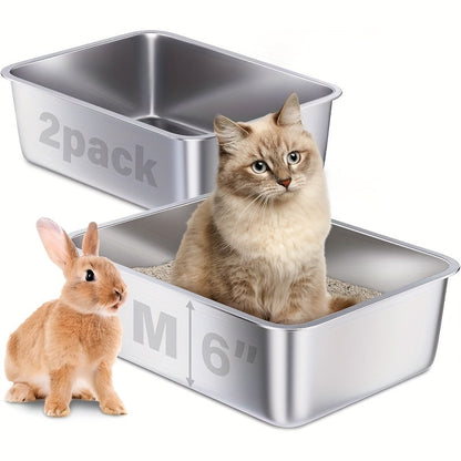 Stainless Steel Cat Litter Box – Non-Stick Odor-Free Easy Clean Metal Litter Pan for Medium & Large Cats, 2-Pack, Available in M / XL / XXL