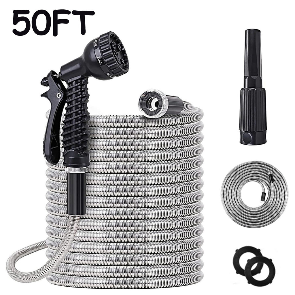 25/50/75/100ft Heavy Duty Stainless Steel Water Hose - Kink-Free High Pressure Flexible Metal Garden Hose Suitable for Car Wash, Dog Proof with 2 Nozzles, Trusted by Professionals & Pet-Resistant for Outdoor/Commercial Use
