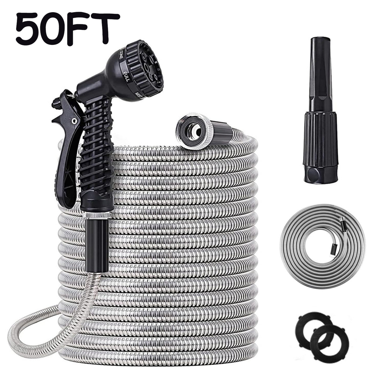 25/50/75/100ft Heavy Duty Stainless Steel Water Hose - Kink-Free High Pressure Flexible Metal Garden Hose Suitable for Car Wash, Dog Proof with 2 Nozzles, Trusted by Professionals & Pet-Resistant for Outdoor/Commercial Use