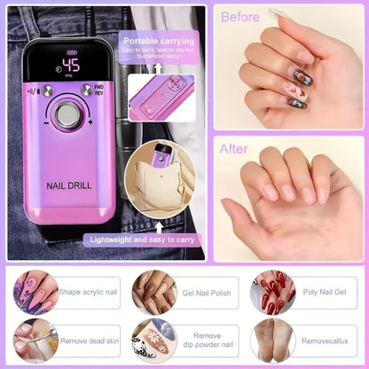 Nail Drill Machine 45000RPM Forward Reverse Rotation Rechargeable with LCD Display Low Noise Electric Nail File for Gel Polish Removal Acrylic Nails Manicure Pedicure Home Salon White Pink Black Purple