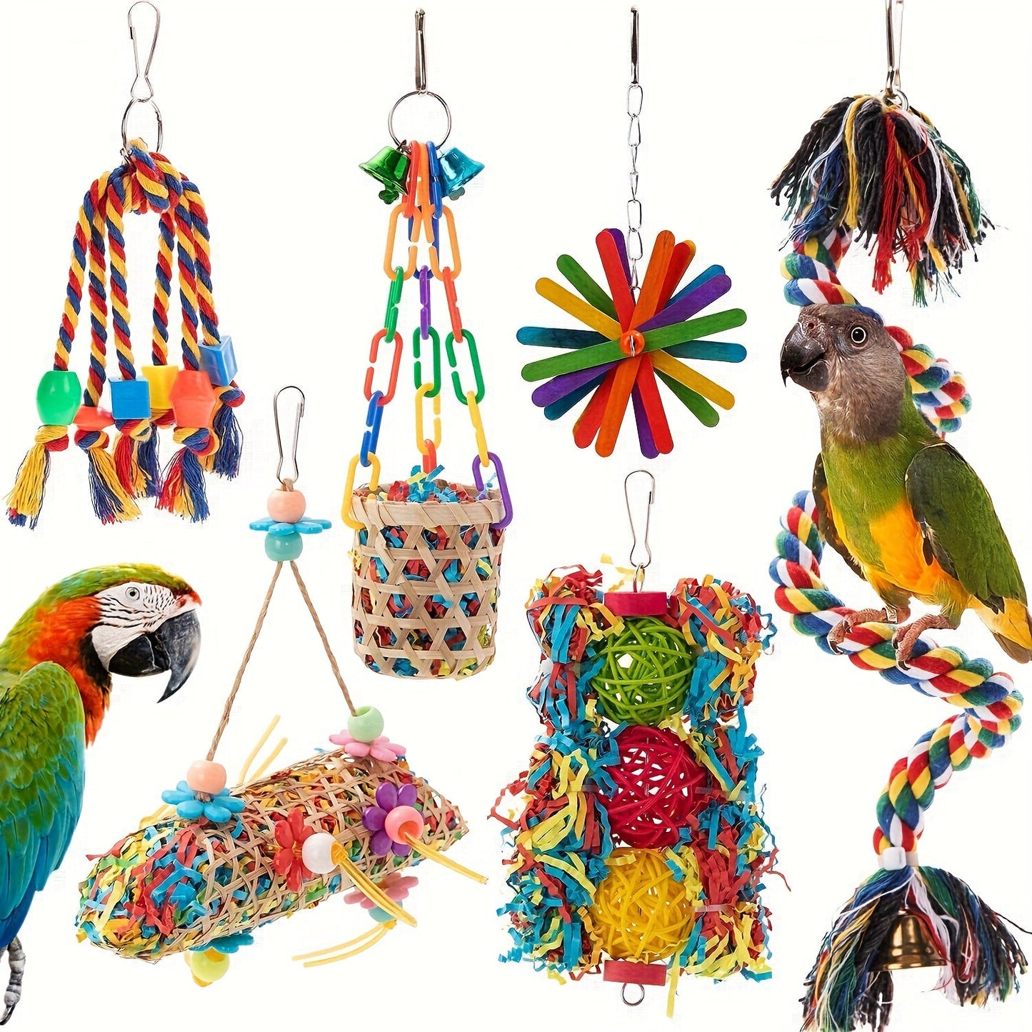 Bird Parrot Toys Set 6 Pieces Handmade Wooden Chew Toys Hammock Swing Perch Cage Accessories for Cockatiels Lovebirds Finches Parakeets Conures Small Birds