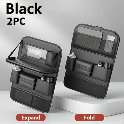 Faux Leather Car Seat Back Organizer with Foldable Table & Tablet Stand – Seat Backrest Protection Pad, Car Interior Organizer | Black, Gray, Brown (1 or 2 Pack)