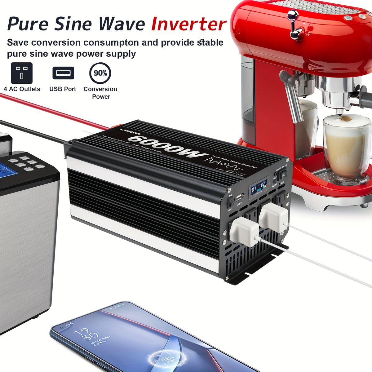 LVYUAN 6000W Pure Sine Wave Power Inverter, 1000W/2000W Pure Sine Wave Inverter, 12V to 110V AC Power Inverter with 2 US Sockets, Dual USB Ports (3.1A), for Car, Home, RV, Gift