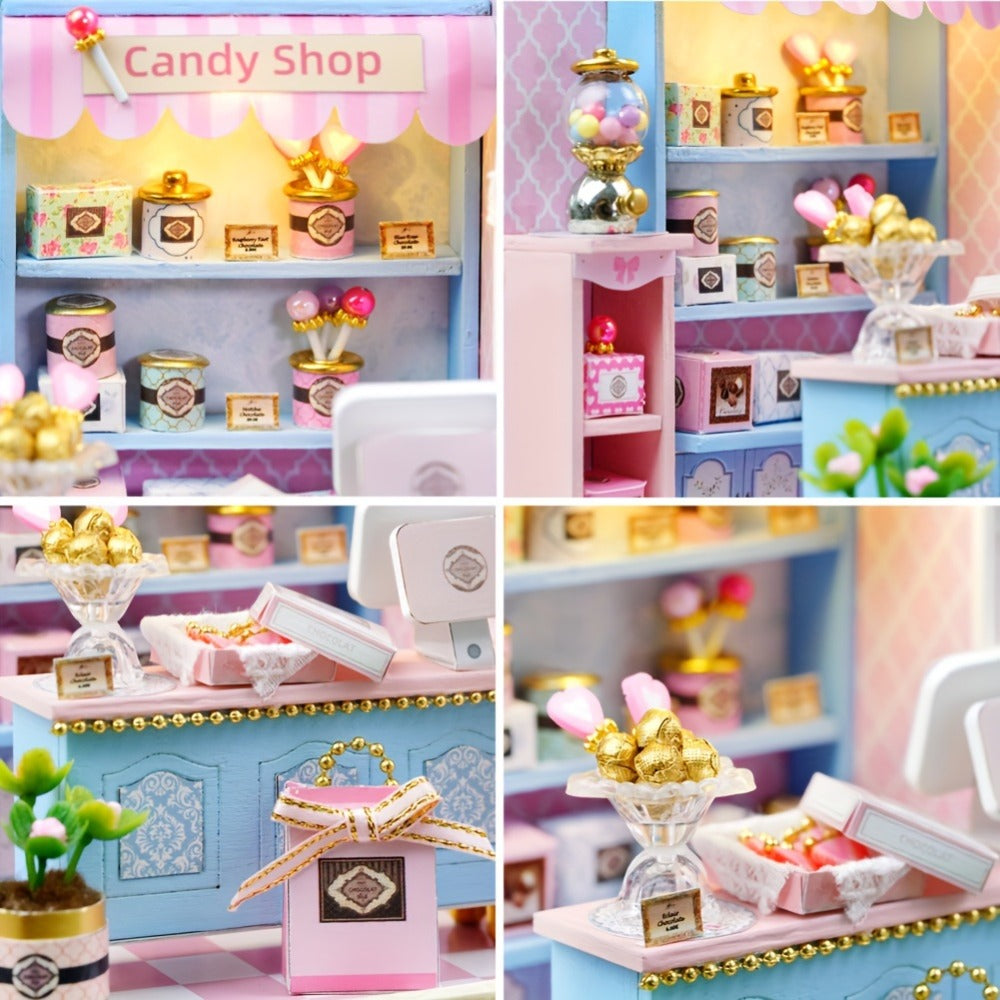 DIY Miniature Shop Dollhouse Kit with Dust Cover – Wooden Mini Store Assembly Set, 4 Themes Sakura Noodles Candy Atelier Coffee, Creative Home Decor Display Gift for Adults & Teens Birthday Christmas