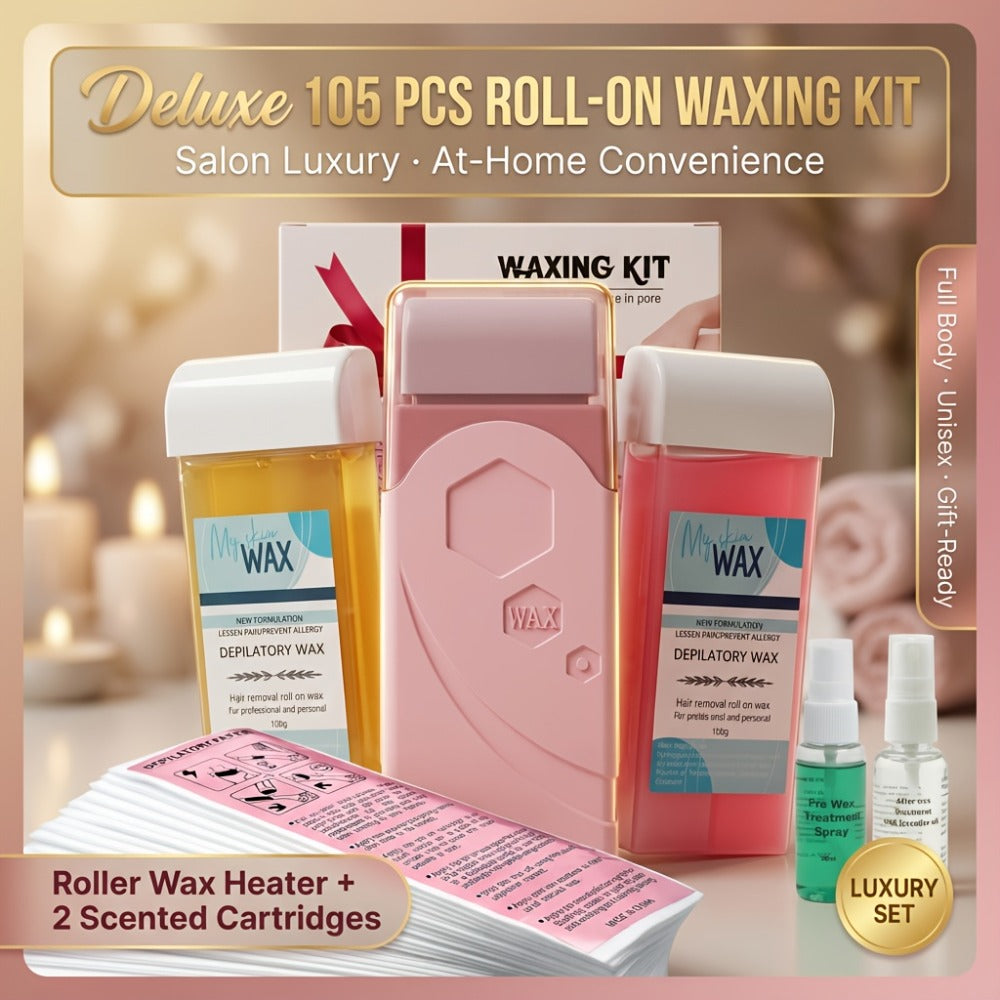 Roll On Wax Kit 105 Piece Complete Home Waxing Set - 2 Roll On Wax Rollers, Wax Warmer, 100 Waxing Strips, Lavender Oil & Pre-Post Spray - Pro Hair Removal for Face Brazilian Bikini Full Body Sensitive Skin