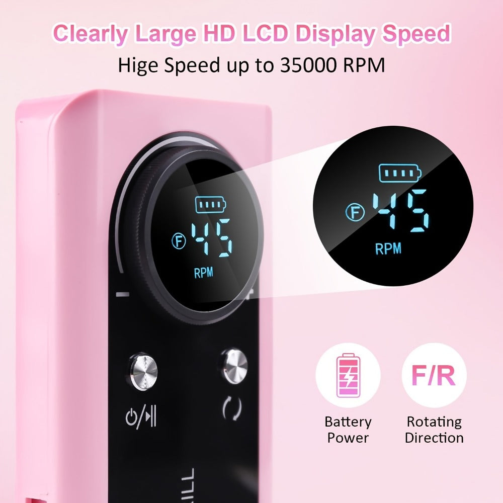 Nail Drill 45000 RPM LCD Display Adjustable Speed Cordless Electric Nail File Low Noise Manicure Machine Buffing Polishing Tool Set for Salon Home Women Nail Techs Pink White Purple
