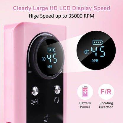 Nail Drill 45000 RPM LCD Display Adjustable Speed Cordless Electric Nail File Low Noise Manicure Machine Buffing Polishing Tool Set for Salon Home Women Nail Techs Pink White Purple