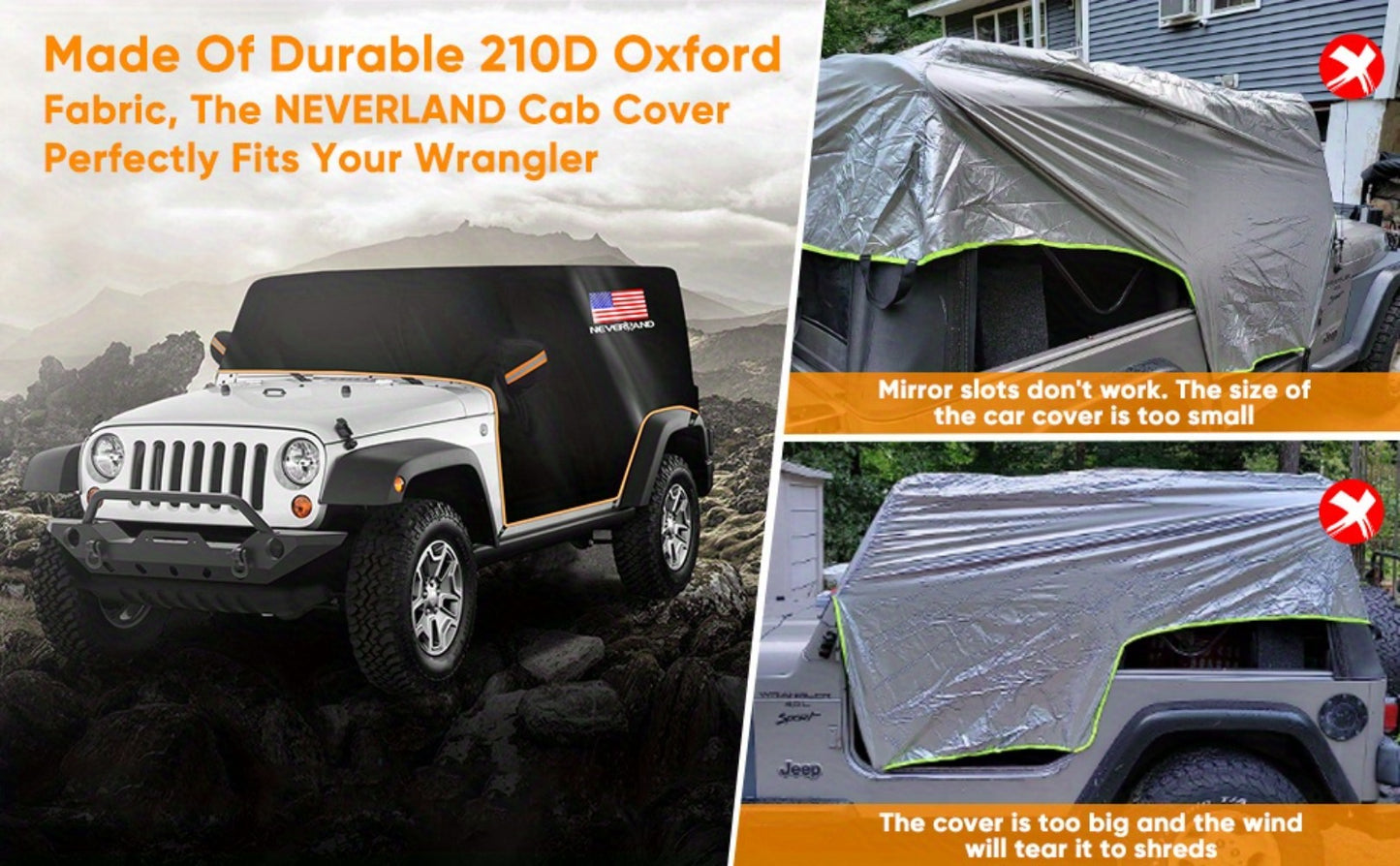 Jeep Wrangler Half Car Cover Waterproof 210D Oxford Fabric – Reflective Strip Windproof Straps for JK JL JKU JLU 2-Door & 4-Door 2007–2024