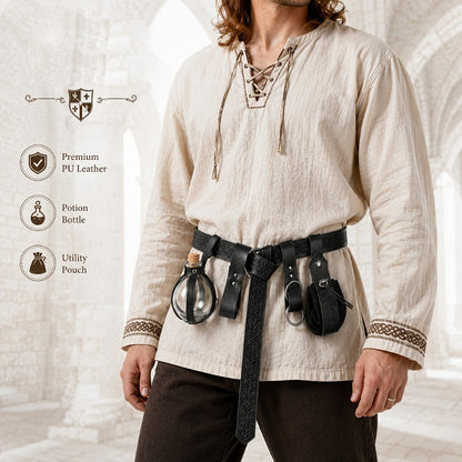 Medieval Belt Set 5pcs Viking Renaissance Faux Leather Harness with Potion Bottle Bag – LARP Halloween Cosplay Renaissance Fair Themed Party Role Play Costume Accessory, Black & Brown
