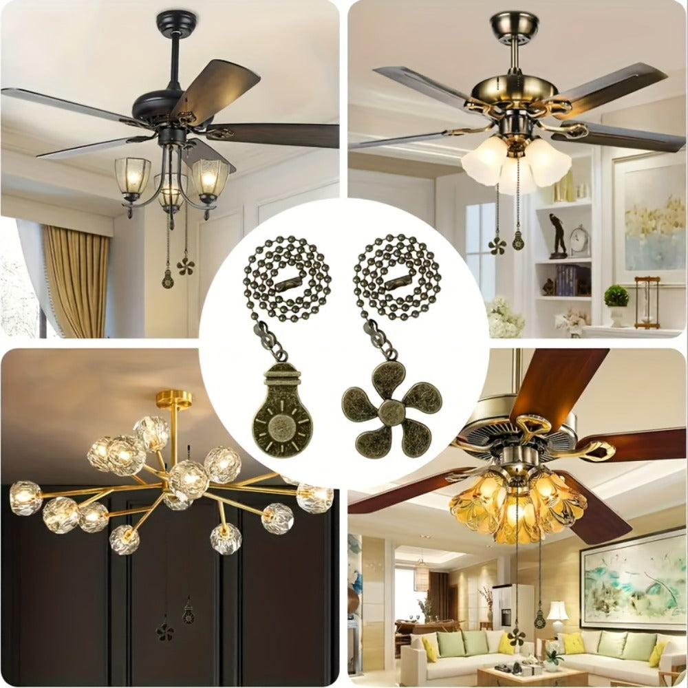 Ceiling Fan Pull Chain Extension Set of 8 - Decorative Bead Chain Pull Cord with Five-Leaf & Bulb Pendants, Iron Chain & Zinc Alloy, Bronze, Black, White, Red, Multi-Color, No Batteries Required