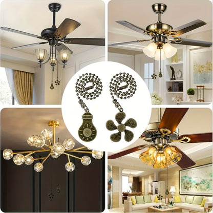 Ceiling Fan Pull Chain Extension Set of 8 - Decorative Bead Chain Pull Cord with Five-Leaf & Bulb Pendants, Iron Chain & Zinc Alloy, Bronze, Black, White, Red, Multi-Color, No Batteries Required
