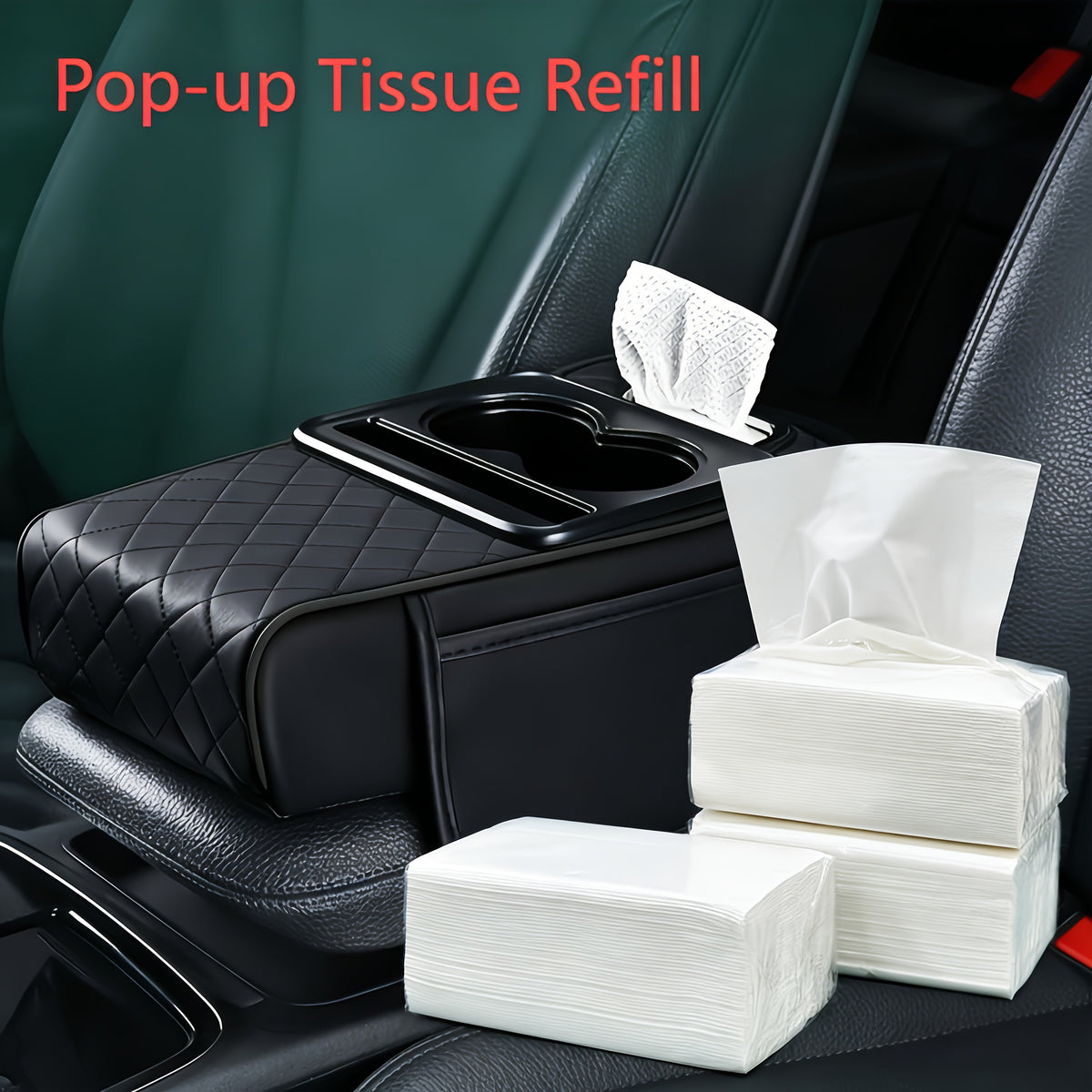 Universal Car Armrest Box Cover, PU Leather Center Console Mat with 2 Side Pockets + 2 Cup Holders, Multi-Functional Storage for Phone/Water Bottle/Cards, Fits Most Car Models, Tissue Box Replacement 3pcs Set-1