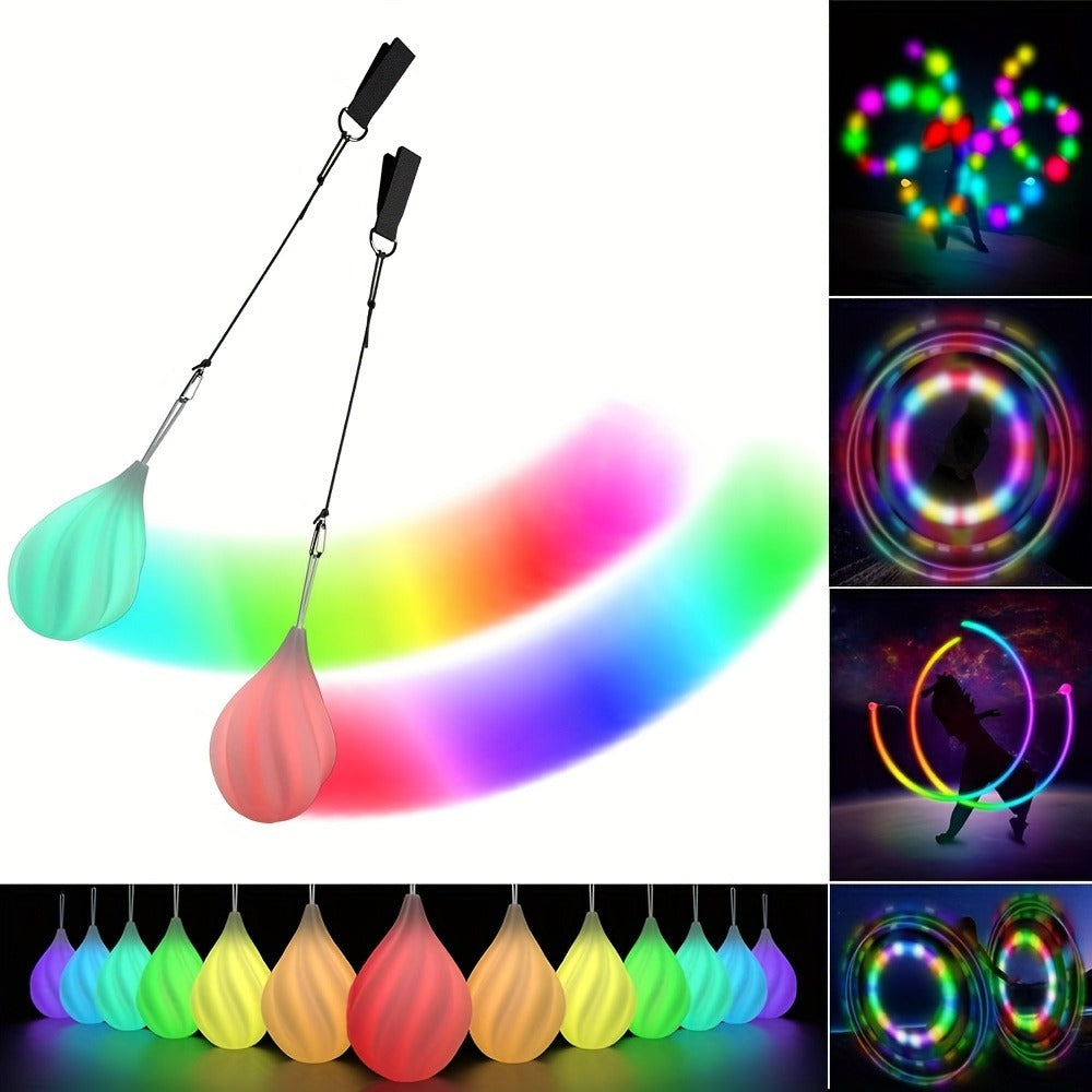 Glow Poi Balls LED Spinning Set 1 Pair – Rainbow Fade & Strobe Light Up Poi for Beginners & Professionals Flow Arts Dance Rave Festival Performance Toy Gift