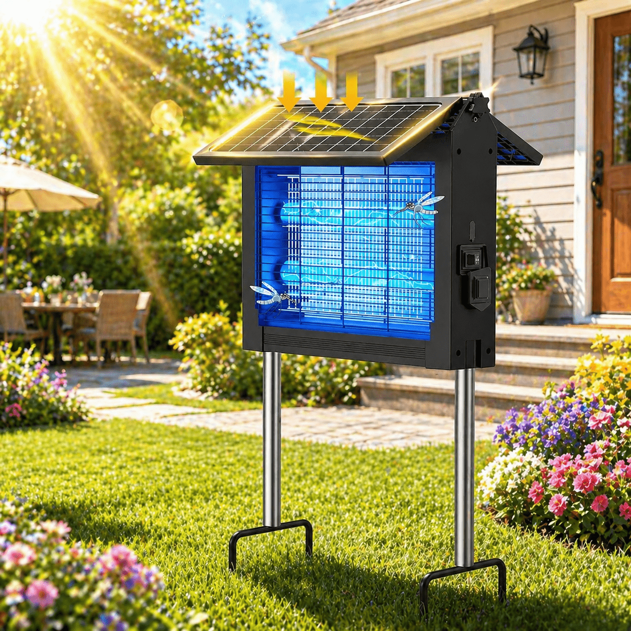 Solar Bug Zapper Outdoor – 4500V Electric Mosquito Killer with Dual Solar Panels & USB Charging, Auto On/Off Light Sensor, IPX4 Waterproof Insect Trap for Patio, Backyard, Garden & Camping