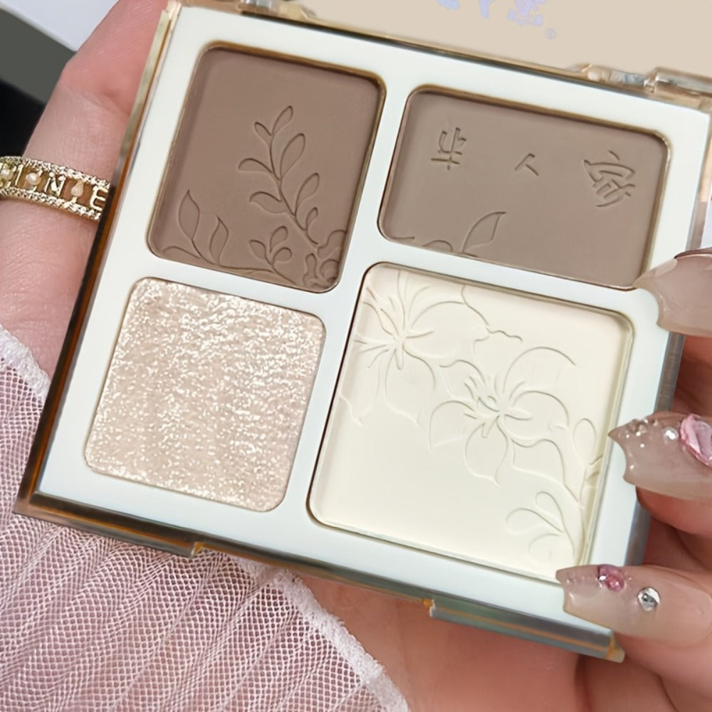 Face Sculpting Contour Palette 4 Colors Matte & Glossy — Multifunctional Bronzer Blush Highlighter & Eyeshadow Palette, Blendable Powder for Cheekbone Jawline Nose Defining, Everyday Makeup for Women
