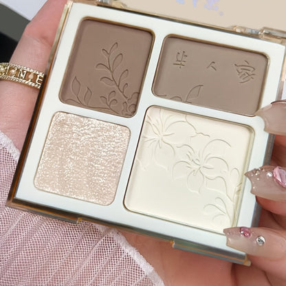 Face Sculpting Contour Palette 4 Colors Matte & Glossy — Multifunctional Bronzer Blush Highlighter & Eyeshadow Palette, Blendable Powder for Cheekbone Jawline Nose Defining, Everyday Makeup for Women