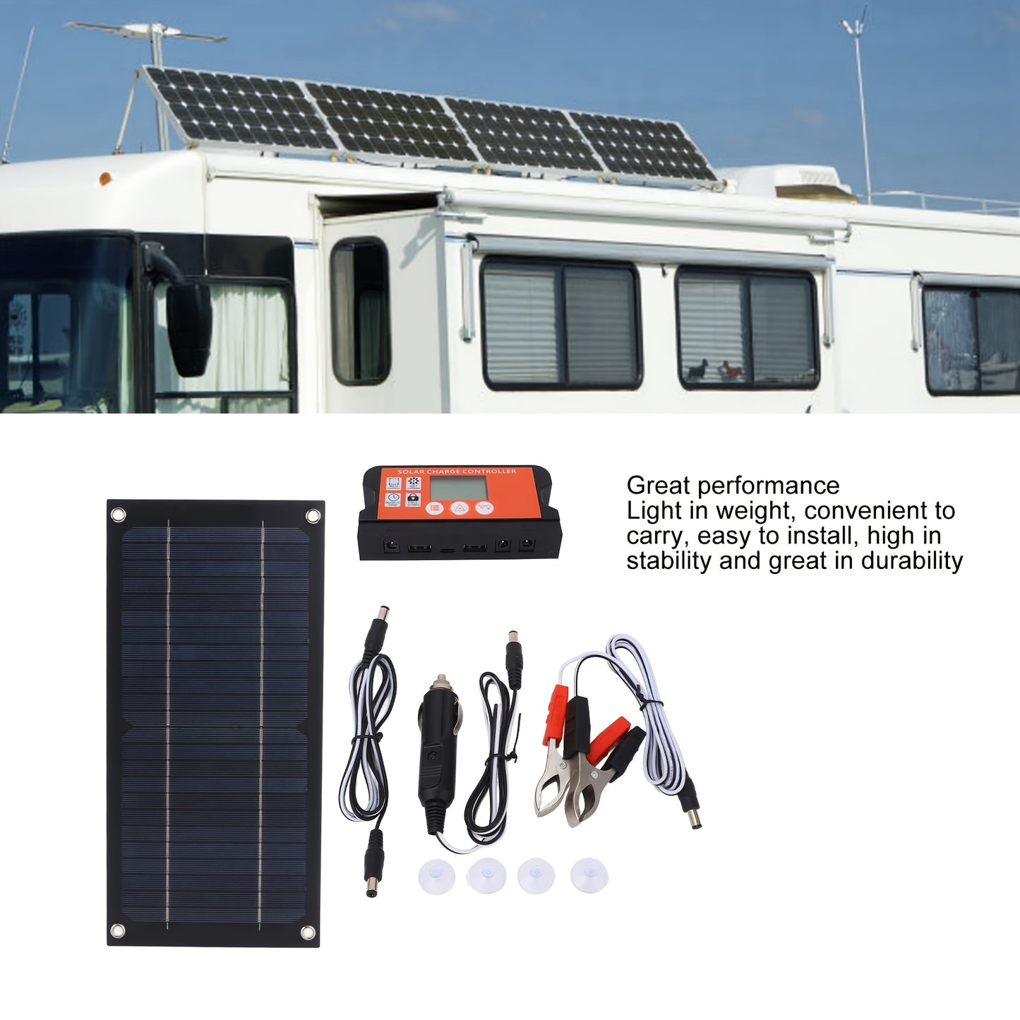 2026 New 18V 100A Solar Panel Kit Monocrystalline High Efficiency Portable Solar Charger with 100A Charge Controller Extension Cable Battery Clamps for RV Camping Outdoor Travel Fishing Emergency Power Supply Phone 12V/24V Off Grid Power System