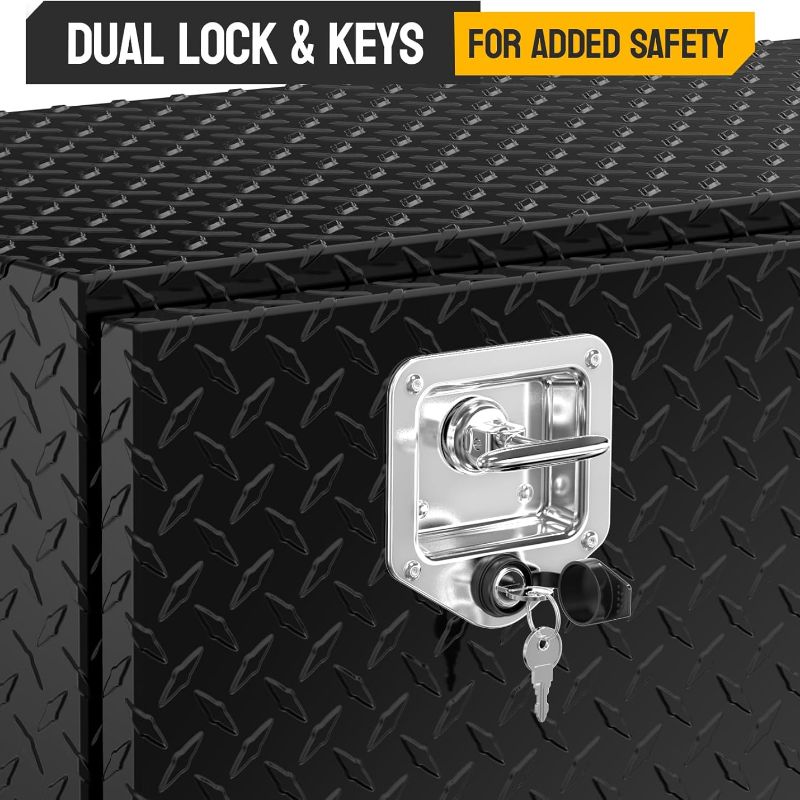 Aluminum truck toolbox with T-shaped handle lock and key, made of aluminum alloy, suitable for storage and organization of trailers, pickups, truck beds, four-wheel drive vehicles, all-terrain vehicles and campers. Black version.